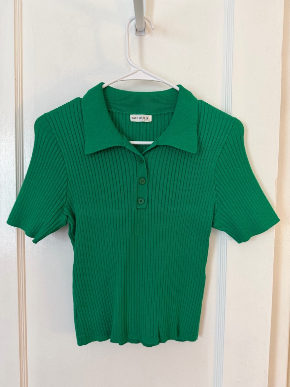 Avec Les Filles Ribbed Polo Short Sleeve Top - Green
